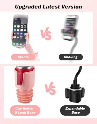 JOYTUTUS Cup Holder Phone Mount for Car, Car Cellphone Large Adapter Long Arm with 360 Degree Rotation, Compatible iPhone, Samsung & All Smartphones,Pink,1 Pack - 3