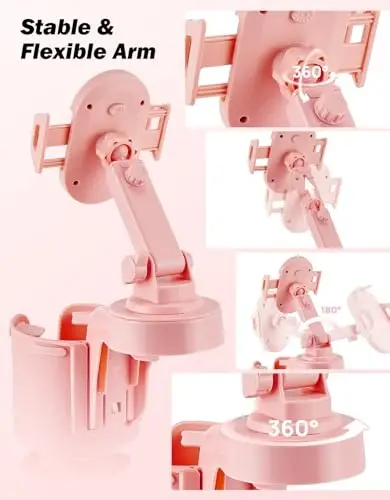 JOYTUTUS Cup Holder Phone Mount for Car, Car Cellphone Large Adapter Long Arm with 360 Degree Rotation, Compatible iPhone, Samsung & All Smartphones,Pink,1 Pack - 4