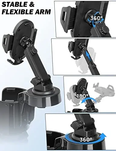 JOYTUTUS Cup Holder Phone Mount for Car, Cellphone Holder for Car, Large Car Cup Holder Adapter Long Arm with 360 Degree Rotation, Compatible with iPhone, Samsung,Black,2 Pack - JOYTUTUS (1)