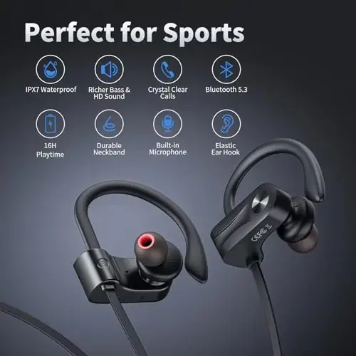 JOYWISE Bluetooth Headphones, Wireless Earbuds Bluetooth 5.3 Headphones with 16Hrs Playtime Stereo Bass Headsets, IPX7 Waterproof Running Earphones for Sports, Black - 5