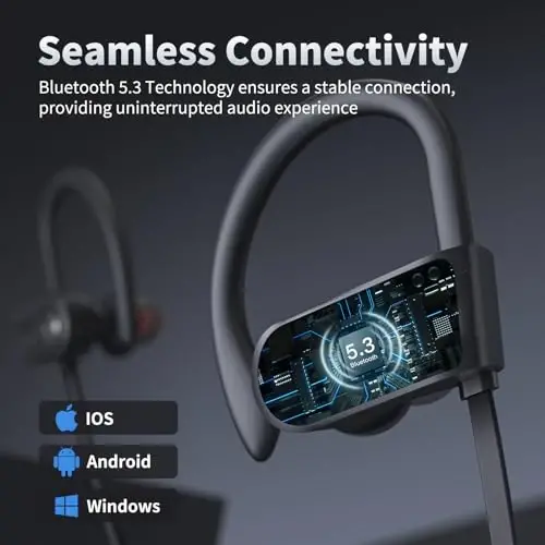 JOYWISE Bluetooth naushniklari, 16 soatlik ishlash vaqtiga ega simsiz 5.3 Bluetooth quloqchinlari, stereo bas garnituralari, sport uchun IPX7 suv o'tkazmaydigan yugurish quloqchinlari, qora - 6