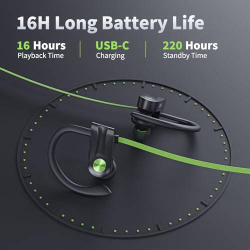 JOYWISE Bluetooth-наушники, Беспроводные наушники-вкладыши IPX7 Водонепроницаемые Bluetooth 5.3 Наушники с 16 часами воспроизведения стерео-бас-гарнитура с микрофоном Беговые наушники с крючками для ушей для занятий спортом, бега и тренировок - 6