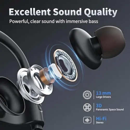 JOYWISE Bluetooth Quloqchinlar, Simsiz Quloqchinlar Bluetooth 5.3 16 soatlik Stereo Bass гарнитуралар, Sport uchun IPX7 suv o'tkazmaydigan quloqchinlar, Qora - 4