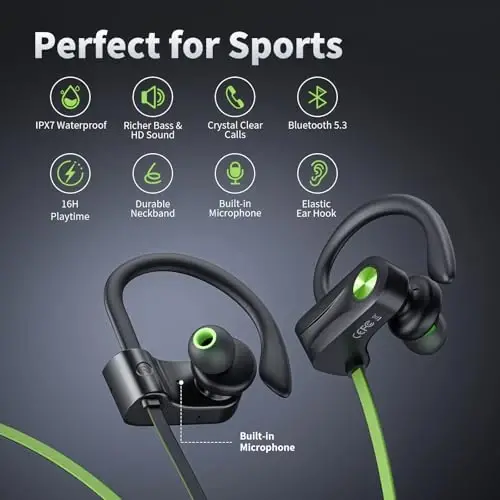 JOYWISE Bluetooth quloqchinlari, simsiz quloq ichiga quloqchinlari IPX7 suv o'tkazmaydigan Bluetooth 5.3 quloqchinlari 16 soat o'ynash vaqti stereo basli eshitish vositalari mikrofonli Sport yugurish mashqlari uchun quloq ilagichli quloqchinlar - 1