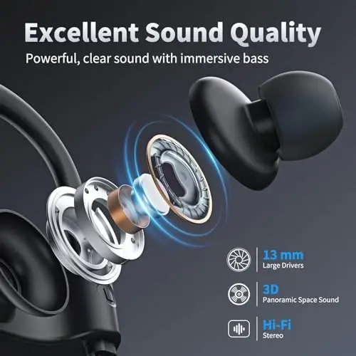 JOYWISE Wireless Headphones Bluetooth 5.3 Headphones with 16 Hours Playtime, Over-Ear Stereo Bass Earphones with Earhooks Headset, Sports Earbuds with Storage Bag for Running, Blue - 4
