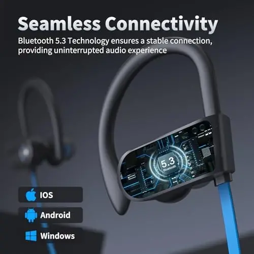 JOYWISE Simsiz quloqchinlar Bluetooth 5.3 16 soatlik ish vaqti, quloq ilmoqli Over-Ear Stereo Bass garnitura, yugurish uchun g‘ilofli sport quloqchinlari, ko‘k - 6