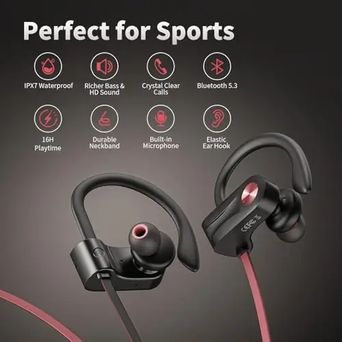 JOYWISE Wireless Bluetooth 5.3 Wireless Headphones with 16Hrs Long Playtime Stereo IPX7 Waterproof in-Ear Earphones, Noise Cancelling Headphones for Running, Black&Pink - 6