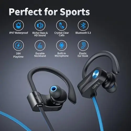 JOYWISE Wireless Headphones Bluetooth 5.3 Headphones with 16 Hours Playtime, Over-Ear Stereo Bass Earphones with Earhooks Headset, Sports Earbuds with Storage Bag for Running, Blue 