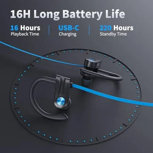 JOYWISE Wireless Headphones Bluetooth 5.3 Headphones with 16 Hours Playtime, Over-Ear Stereo Bass Earphones with Earhooks Headset, Sports Earbuds with Storage Bag for Running, Blue - 5