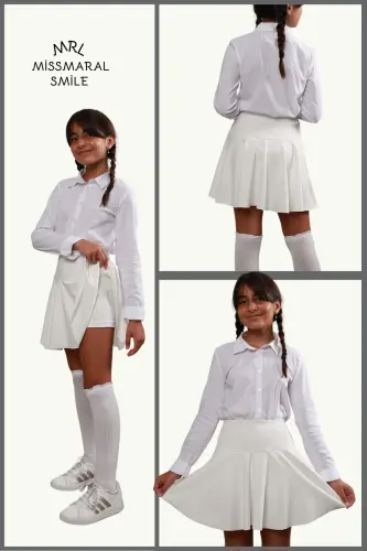 Jr Beyaz Şort Etek - İçi Taytlı Volanlı Spor Ve Günlük Kullanım Tenis Şort Skirt 4101-BEYAZ 