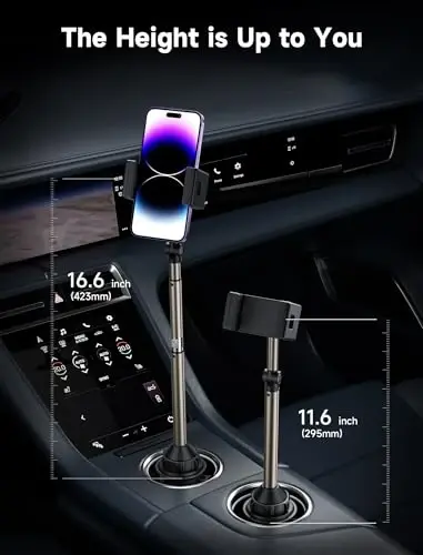 JSAUX Car Cup Holder Cellphone Mount, Metal Long-Arm Ultra Stable Phone Holder for Car Cupholders - Adjustable for iPhone 16 15 Pro Max 13 12 11, Samsung Galaxy S24 S23 Ultra, Google Pixel 9 Pro - JSAUX