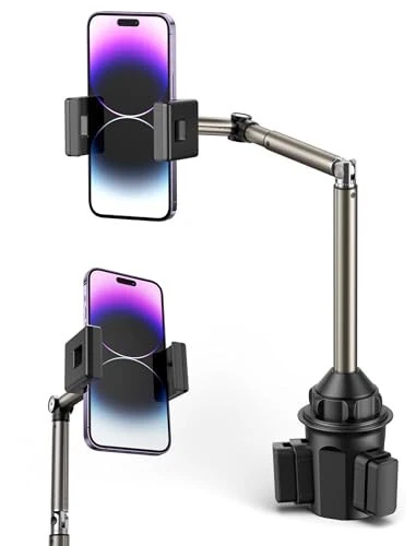 JSAUX Car Cup Holder Cellphone Mount, Metal Long-Arm Ultra Stable Phone Holder for Car Cupholders - Adjustable for iPhone 16 15 Pro Max 13 12 11, Samsung Galaxy S24 S23 Ultra, Google Pixel 9 Pro - JSAUX