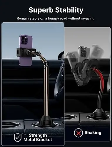 JSAUX Car Cup Holder Cellphone Mount, Metal Long-Arm Ultra Stable Phone Holder for Car Cupholders - Adjustable for iPhone 16 15 Pro Max 13 12 11, Samsung Galaxy S24 S23 Ultra, Google Pixel 9 Pro - 6