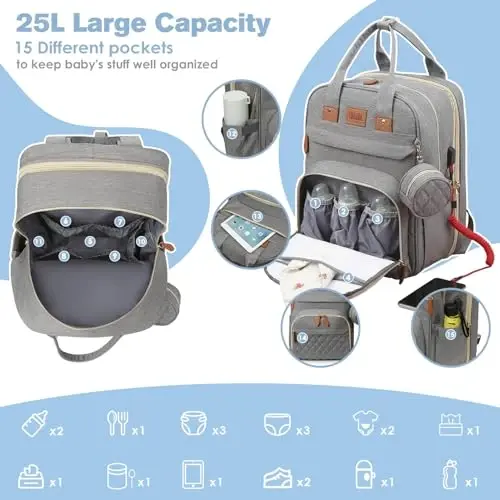 JSTPRO Diaper Bag Backpack, Large Diaper Bag with Changing Station, Baby Bag, New Mom Gifts, Lightweight Waterproof Unisex Diaper Bag with Insulated Pockets and USB Charging Port, Grey - 2