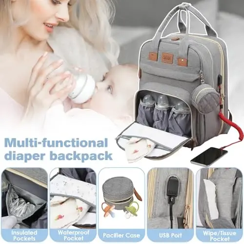 JSTPRO Diaper Bag Backpack, Large Diaper Bag with Changing Station, Baby Bag, New Mom Gifts, Lightweight Waterproof Unisex Diaper Bag with Insulated Pockets and USB Charging Port, Grey - 4