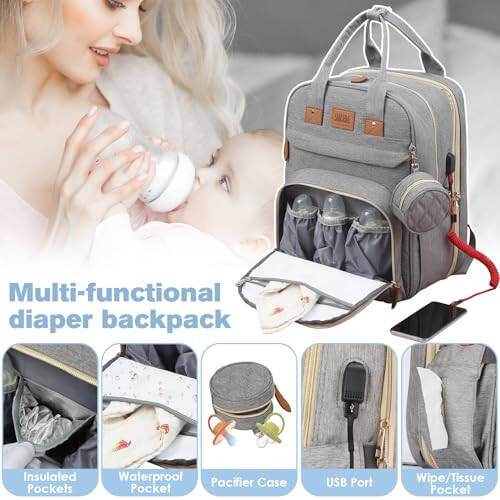 JSTPRO Diaper Bag Backpack, Large Diaper Bag with Changing Station, Baby Bag, New Mom Gifts, Lightweight Waterproof Unisex Diaper Bag with Insulated Pockets and USB Charging Port, Grey - 5