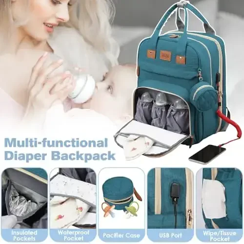 JSTPRO Diaper Bag Backpack, Large Diaper Bag with Changing Station, Baby Bag, New Mom Gifts, Lightweight Waterproof Unisex Diaper Bag with Insulated Pockets and USB Charging Port, Cyan - 5