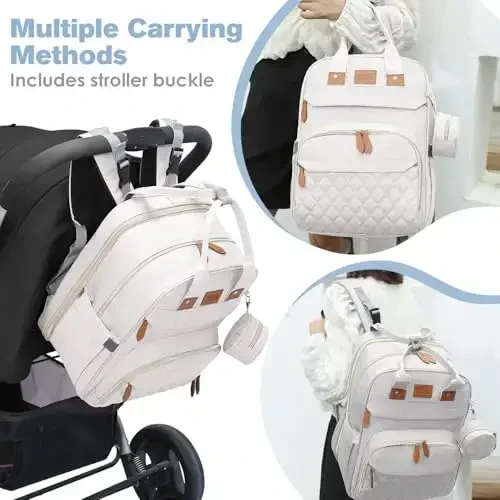 JSTPRO Diaper Bag Backpack, Large Diaper Bag with Changing Station, New Mom Gifts, Lightweight Waterproof Unisex Diaper Bag with Insulated Pockets and USB Charging Port, Beige - 5