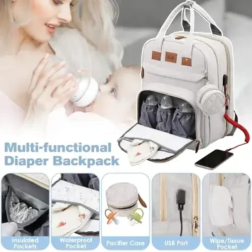 JSTPRO Diaper Bag Backpack, Large Diaper Bag with Changing Station, New Mom Gifts, Lightweight Waterproof Unisex Diaper Bag with Insulated Pockets and USB Charging Port, Beige - 6