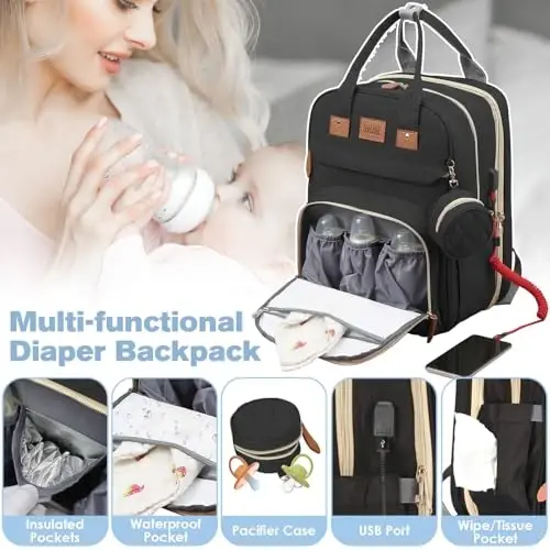 JSTPRO Diaper Bag Backpack, Large Diaper Bag with Changing Station, Baby Bag, New Mom Gifts, Lightweight Waterproof Unisex Diaper Bag with Insulated Pockets and USB Charging Port, Black - 5