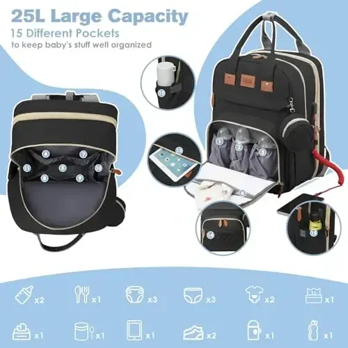 JSTPRO Diaper Bag Backpack, Large Diaper Bag with Changing Station, Baby Bag, New Mom Gifts, Lightweight Waterproof Unisex Diaper Bag with Insulated Pockets and USB Charging Port, Black - JSTPRO (1)