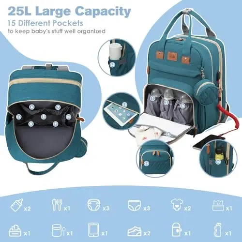 JSTPRO Diaper Bag Backpack, Large Diaper Bag with Changing Station, Baby Bag, New Mom Gifts, Lightweight Waterproof Unisex Diaper Bag with Insulated Pockets and USB Charging Port, Cyan - 2