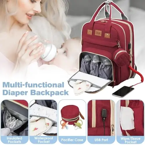 JSTPRO Diaper Bag Backpack, Large Diaper Bag with Changing Station, Baby Bag, New Mom Gifts, Lightweight Waterproof Unisex Diaper Bag with Insulated Pockets and USB Charging Port, Red - 5