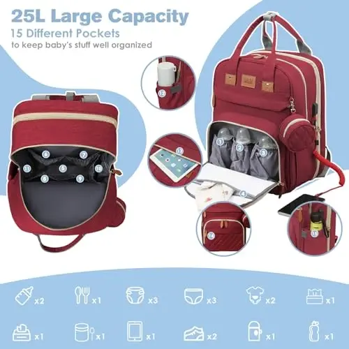 JSTPRO Diaper Bag Backpack, Large Diaper Bag with Changing Station, Baby Bag, New Mom Gifts, Lightweight Waterproof Unisex Diaper Bag with Insulated Pockets and USB Charging Port, Red - 2