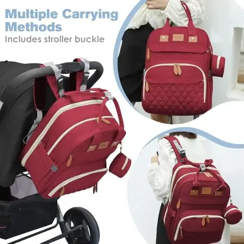 JSTPRO Diaper Bag Backpack, Large Diaper Bag with Changing Station, Baby Bag, New Mom Gifts, Lightweight Waterproof Unisex Diaper Bag with Insulated Pockets and USB Charging Port, Red - 3