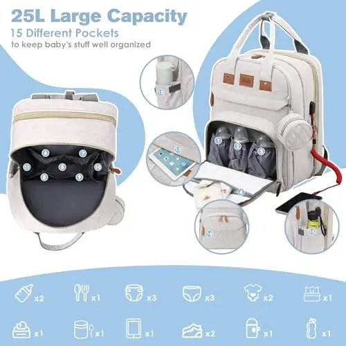 JSTPRO Diaper Bag Backpack, Large Diaper Bag with Changing Station, New Mom Gifts, Lightweight Waterproof Unisex Diaper Bag with Insulated Pockets and USB Charging Port, Beige - 4
