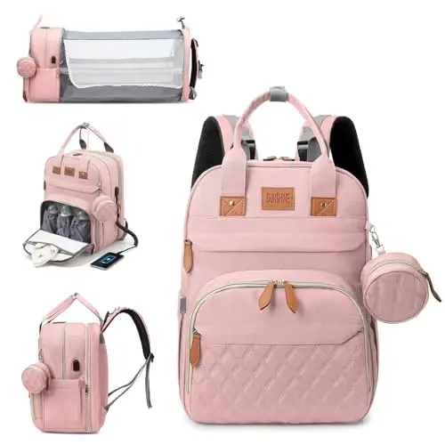 JSTPRO Large Diaper Bag Backpack with Changing Station, Pink | 25L Lightweight 900D Waterproof Nylon, Insulated Pockets & USB Port, Baby Shower Gifts for New Moms and Dads - 1