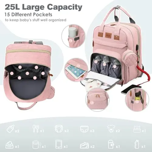JSTPRO Large Diaper Bag Backpack with Changing Station, Pink | 25L Lightweight 900D Waterproof Nylon, Insulated Pockets & USB Port, Baby Shower Gifts for New Moms and Dads - 2