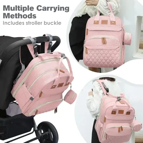 JSTPRO Large Diaper Bag Backpack with Changing Station, Pink | 25L Lightweight 900D Waterproof Nylon, Insulated Pockets & USB Port, Baby Shower Gifts for New Moms and Dads - 3