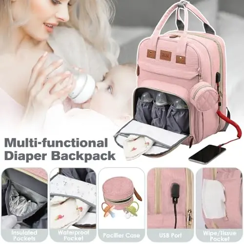 JSTPRO Large Diaper Bag Backpack with Changing Station, Pink | 25L Lightweight 900D Waterproof Nylon, Insulated Pockets & USB Port, Baby Shower Gifts for New Moms and Dads - 4