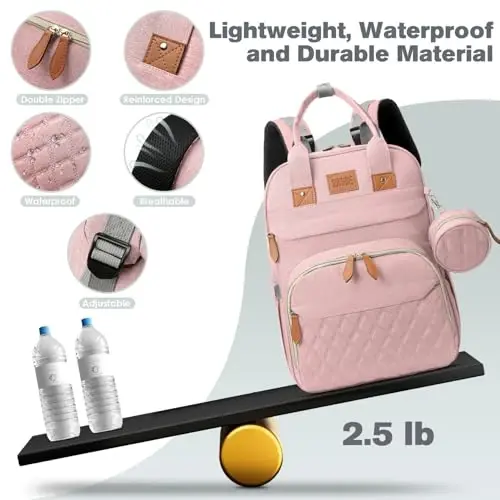 JSTPRO Large Diaper Bag Backpack with Changing Station, Pink | 25L Lightweight 900D Waterproof Nylon, Insulated Pockets & USB Port, Baby Shower Gifts for New Moms and Dads - 5