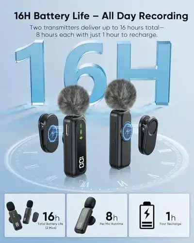 Jubolion iPhone uchun simsiz mini mikrofon – 100% batareya displeyi, shovqinni kamaytirish, Plug & Play, iOS/Android bilan mos keladigan magnit qisqichli mini mikrofon – Video yozuv YouTube Tiktok uchun - 6