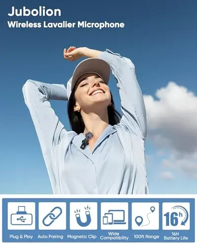 Jubolion iPhone uchun simsiz mini mikrofon – 100% batareya displeyi, shovqinni kamaytirish, Plug & Play, iOS/Android bilan mos keladigan magnit qisqichli mini mikrofon – Video yozuv YouTube Tiktok uchun - 1