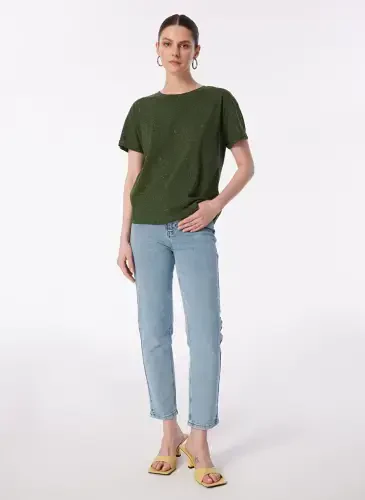 Judge Bicycle Collar Plain Khaki Women's T-Shirt 24YKTS9025X - YARGICI (1)