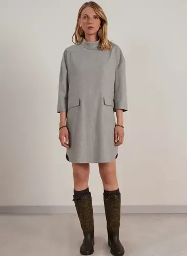 Judge Collar Gray Melange Knee Length Women's Dress 23KKEL7018V - 1