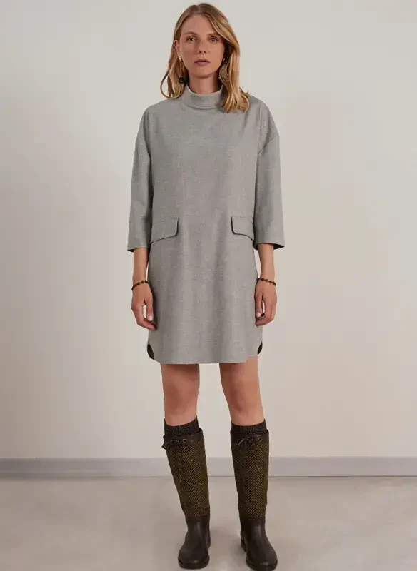 Judge Collar Gray Melange Knee Length Women's Dress 23KKEL7018V - 1