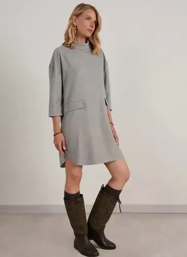 Judge Collar Gray Melange Knee Length Women's Dress 23KKEL7018V - Modazone (1)