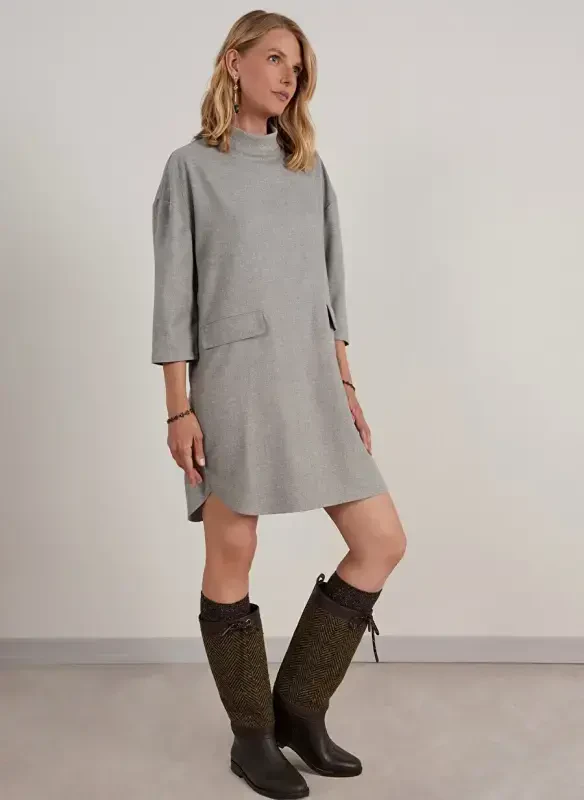 Judge Collar Gray Melange Knee Length Women's Dress 23KKEL7018V - 2