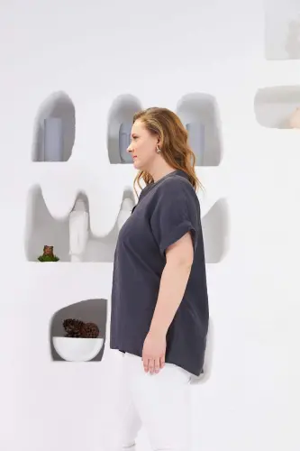 Judge Collar Plus Size Blouse Charcoal - BÜYÜKBEDENIZ (1)