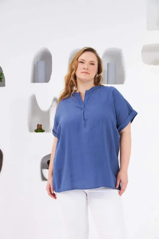 Judge Collar Plus Size Blouse Indigo - BÜYÜKBEDENIZ