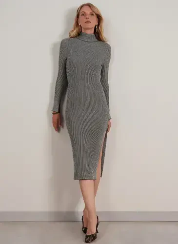 Judge Collar Stand Striped Anthracite Knee Length Women Dress 23KKEL7741X - 1