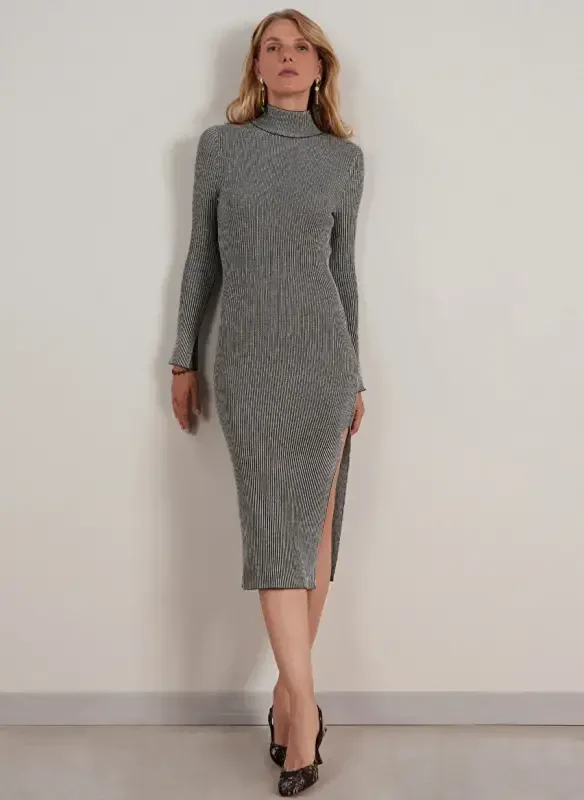 Judge Collar Stand Striped Anthracite Knee Length Women Dress 23KKEL7741X - 1