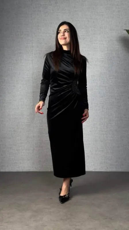 Judge Long Sleeve Shoulder Detailed Side Stone Detailed Long Velvet Dress - 1