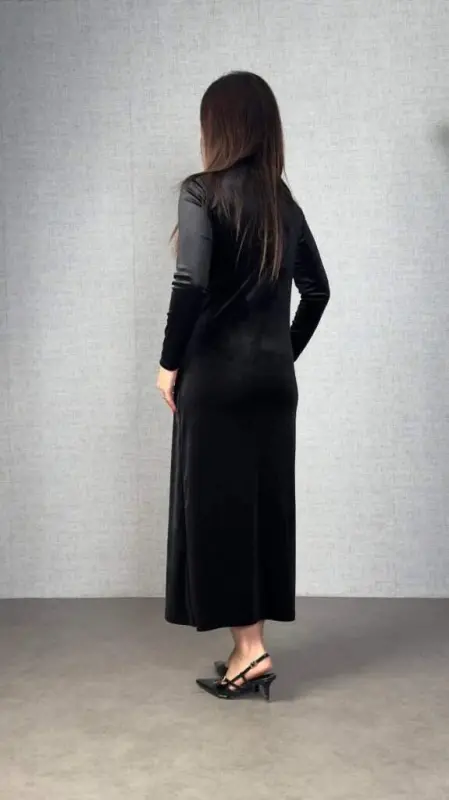 Judge Long Sleeve Shoulder Detailed Side Stone Detailed Long Velvet Dress - 4