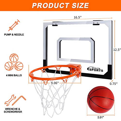 Jugana Mini Basketball Hoop Indoor with Scorer and Batteries, Indoor Basketball Hoop Over The Door with Colorful LED Lighting, Toy Basketball Set for Boys Girls Age 3 4 5 6 7 8 - 2