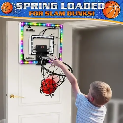 Jugana Mini Basketball Hoop Indoor with Scorer and Batteries, Indoor Basketball Hoop Over The Door with Colorful LED Lighting, Toy Basketball Set for Boys Girls Age 3 4 5 6 7 8 - 5